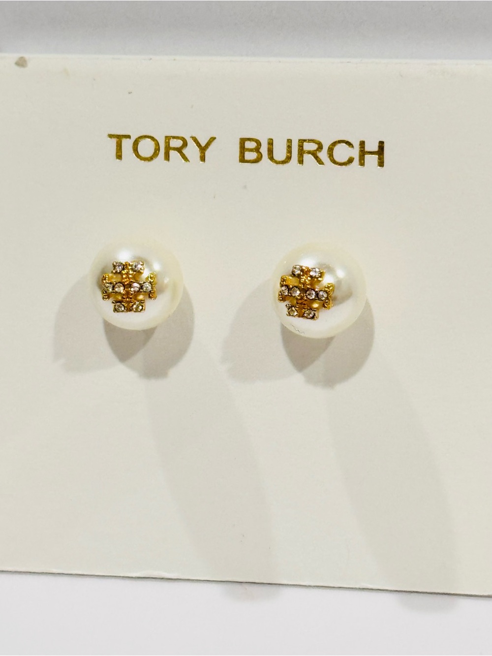 Tory Burch Pearl Round Studs with Gold Logo and Crystals